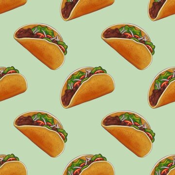 A repeating pattern of illustrated tacos on a Pastel Green background. Each taco features a golden-brown shell filled with colorful ingredients like lettuce, tomatoes, and meat.