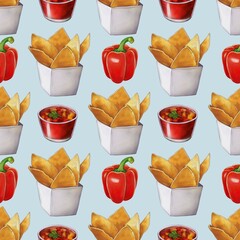 A repeating pattern featuring takeout boxes filled with crispy snacks, red bell peppers, and small bowls of salsa or dip. The design is colorful and appetizing, a Pastel Blue background.