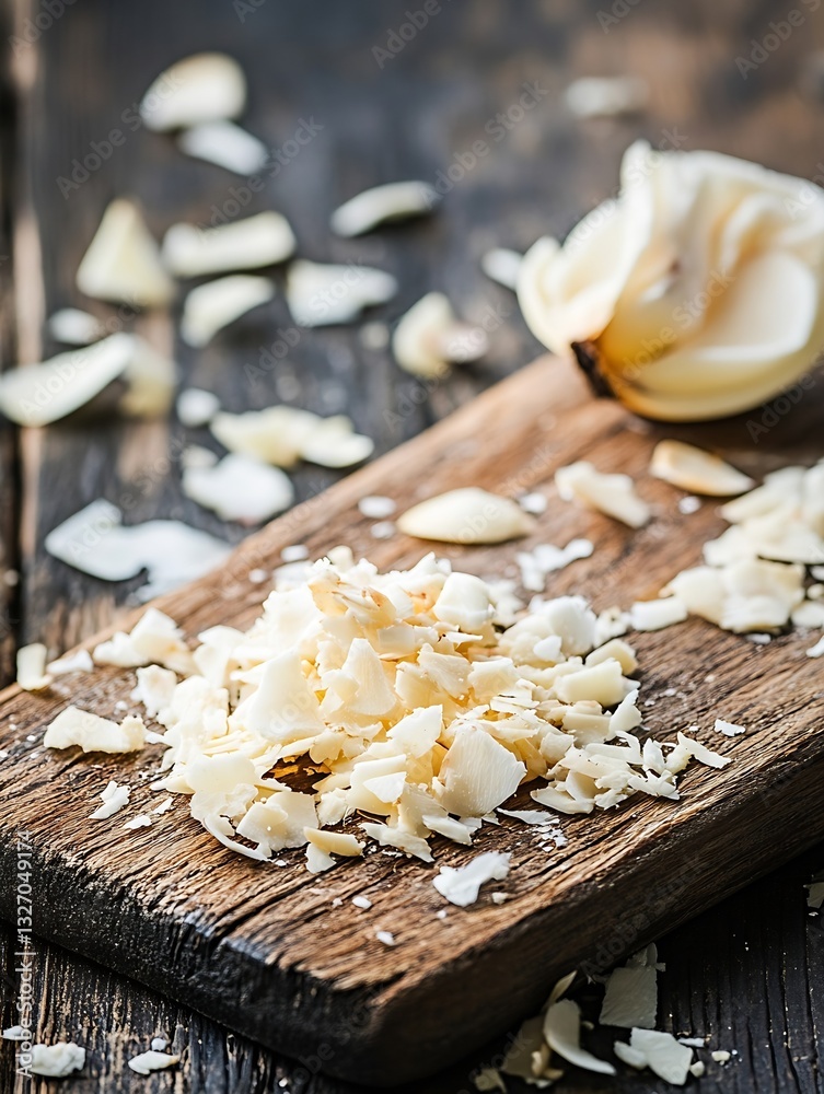 Poster freshly shaved white chocolate shavings on a rustic wooden board with a coconut shell : generative a