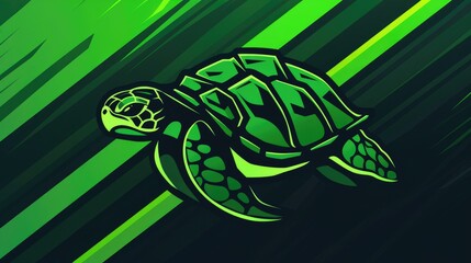 Cartoon artwork of a green turtle on a striped background. Logo design of turtle staring with green striped background. Fun and playful concept. Underwater life design. Wildlife concept. AIG51.