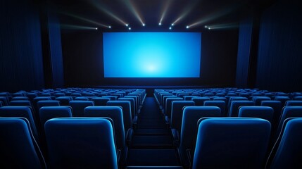 Empty cinema hall with blue lighting and large screen, ideal for movie screenings or events