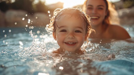 Obraz premium Toddler joyfully splashing in pool with mother