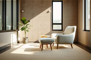 Modern Minimalist Living Room Interior with Natural Light and Green Plant