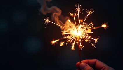 A hand holding a sparkler against a dark background, creating a festive atmosphere.