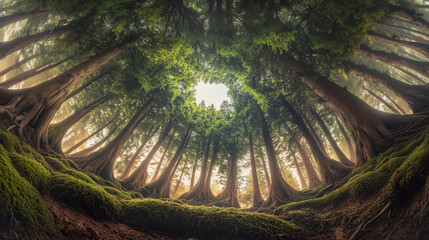 Upside-down forest where trees grow with their roots in the air