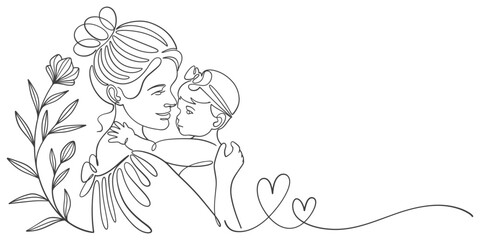 Mother and baby line art style vector illustration, mothers day celebration background