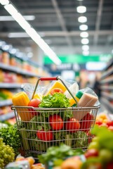 Fresh Grocery Shopping Basket Filled with Colorful Vegetables and Produce in a Modern Supermarket Aisle