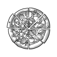 Engraving Style Line Art Sliced Pizza with Toppings Illustration