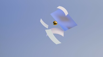Sheets of blank paper floating in mid-air, around a gold ball with hints of blue to communicate simplicity and lightness.