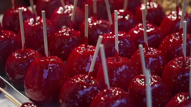 Toffee apples on market stall on Carl-Schurz-Strasse in Spandau, Berlin, Germany