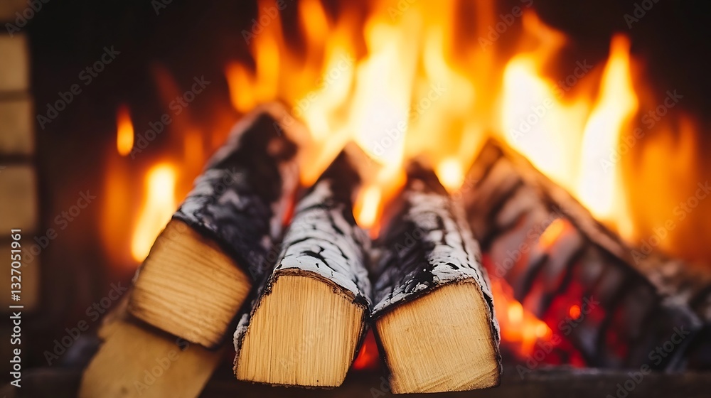 Poster Close Up View of Burning Logs in Fireplace Creating Warm and Inviting Atmosphere : Generative AI