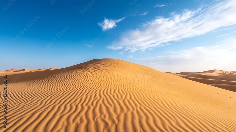 Poster stunning desert dunes under bright blue sky with soft clouds above : generative ai