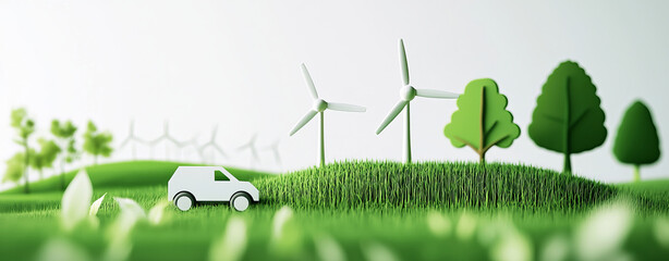 Eco friendly vehicle near wind turbines and trees in green landscape