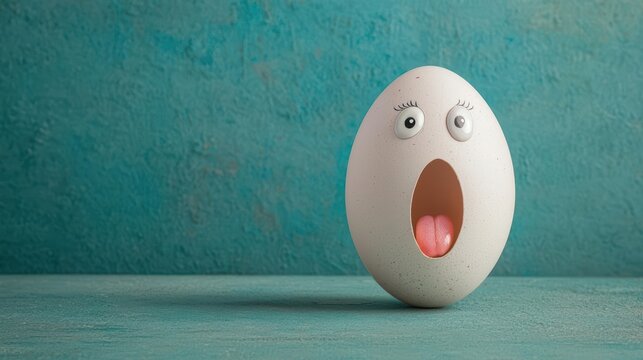 Eggshell painted with an openmouthed AHH face, falling scene illusion, dynamic humor