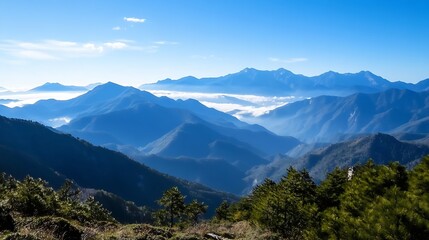 Fototapeta premium Majestic mountain range under a clear blue sky with layers of hills and valleys creating a breathtaking panorama : Generative AI