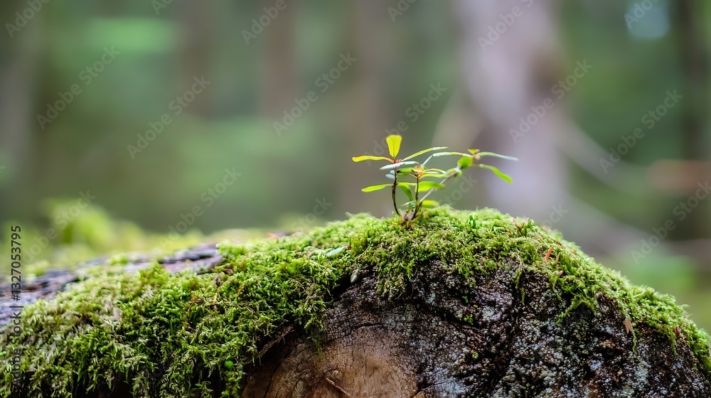 Aufkleber closeup view of a small green plant growing on moss covered tree stump in a lush forest environment 