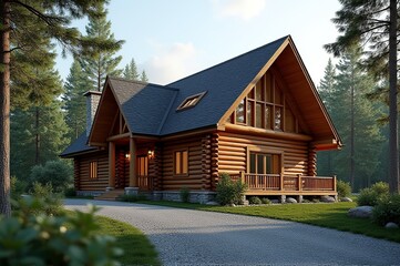 Obraz premium Nestled within a tranquil forest, a beautiful log cabin stands peacefully, its warm wooden exterior glowing in the soft sunlight. Surrounded by lush greenery, this cozy retreat invites relaxation