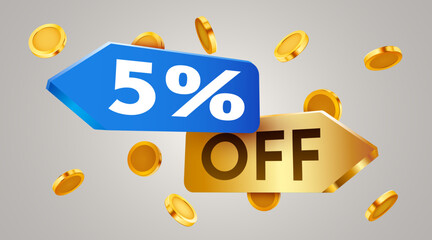 5 percent off sale label with falling golden coins. Cashback or sale concept. Vector illustration