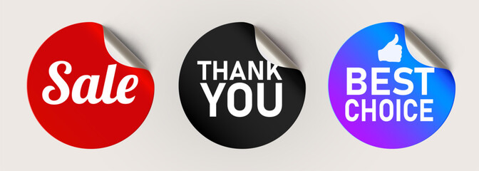 Tag Icon Set. Sale, Special Offer, Thank you, Best choice. Shopping labels. Curled stickers on White Background. Vector illustration