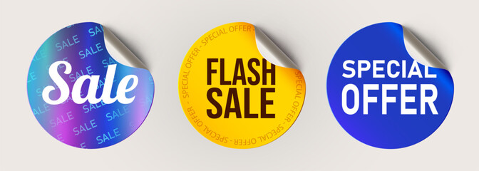 Tag Icon Set. Sale, Special Offer, Flash sale. Shopping labels. Curled stickers on White Background. Vector illustration