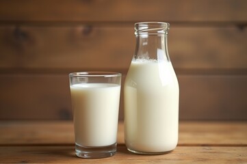 A glass filled with creamy milk stands next to a charming bottle on a rustic wooden surface, capturing the essence of wholesome dairy goodness in a cozy setting