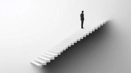 Floating staircase leads to uncertainty in a minimalist setting with a figure standing still