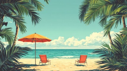 Tropical Beach Scene with Sun Umbrellas