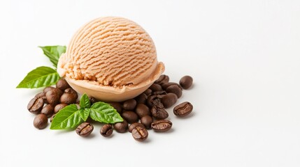 Creamy coffee-flavored ice cream with coffee beans and leaves