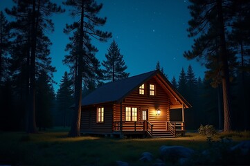 A charming log cabin stands illuminated amidst tall trees, casting a warm glow in the cool dusk air. Stars twinkle overhead, creating a serene and inviting atmosphere in nature