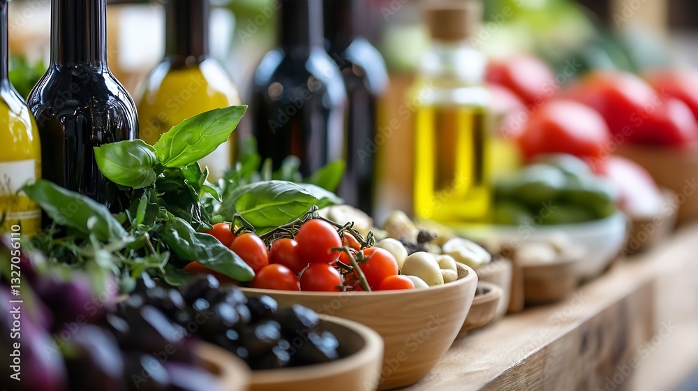Poster colorful assortment of fresh vegetables and oils on display symbolizing health and culinary delights