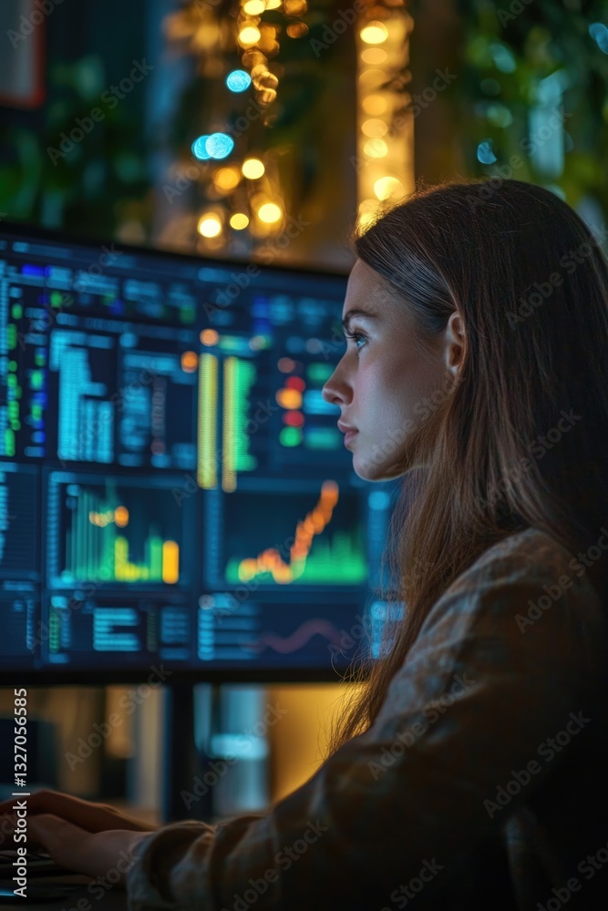 Poster A woman sits in front of a computer monitor, working or browsing