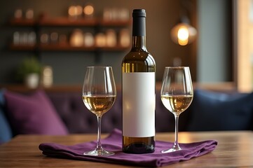 A beautiful bottle of white wine stands proudly between two crystal glasses on a purple cloth. The warm glow of ambient light creates a welcoming atmosphere perfect for relaxed gatherings