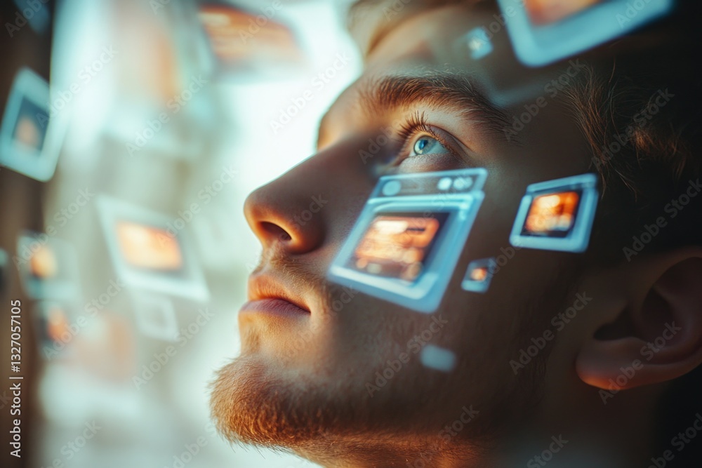 Fototapete a person examining a screen full of mobile devices, potential use in tech-related contexts