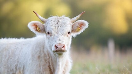 Obraz premium Closeup shot of a young white cow with ears marked for identification in a green pasture : Generative AI