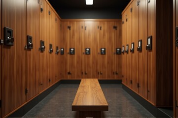 In a sleek changing room, intricately crafted wooden lockers line the walls, creating an inviting space for guests. A long bench offers comfort, enhancing the serene ambiance