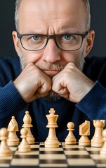 Chess Strategist Contemplation: A concentrated chess player with a furrowed brow intensely studies the board, each piece poised for a pivotal move.