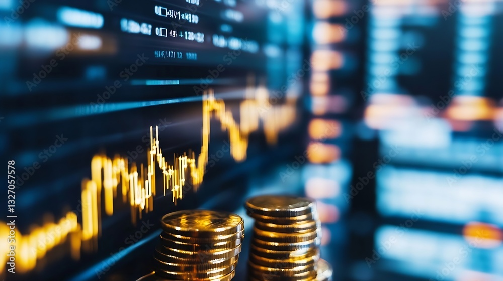 Aufkleber Close Up View of Stacked Gold Coins with Stock Market Graph in the Background : Generative AI