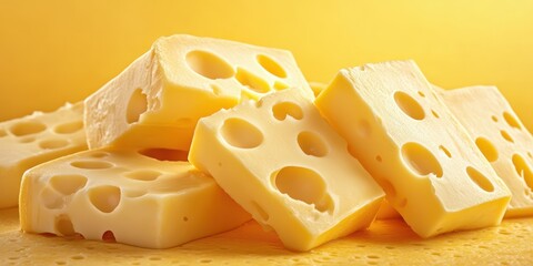 Melted cheese blocks arranged creatively on a yellow surface showcasing texture and color