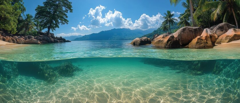 Tropical paradise split view showcasing crystal clear turquoise water and sandy beach with lush vegetation and blue sky creating a serene vacation atmosphere