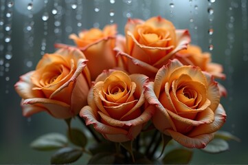 Delicate orange roses stand gracefully in a soft light, their petals adorned with glistening raindrops. The tranquil atmosphere invites a sense of calm and beauty, perfect for reflection