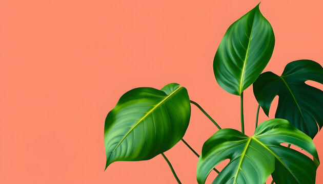 Dragon Tail Monstera or Epipremnum Pinnatum tropical leaves on coral color background minimal summer, minimalism. White tone