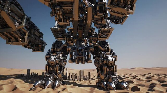 Colossal Sci-Fi Robot Striding Through a Post-Apocalyptic Desert Cityscape Under a Bright Sky