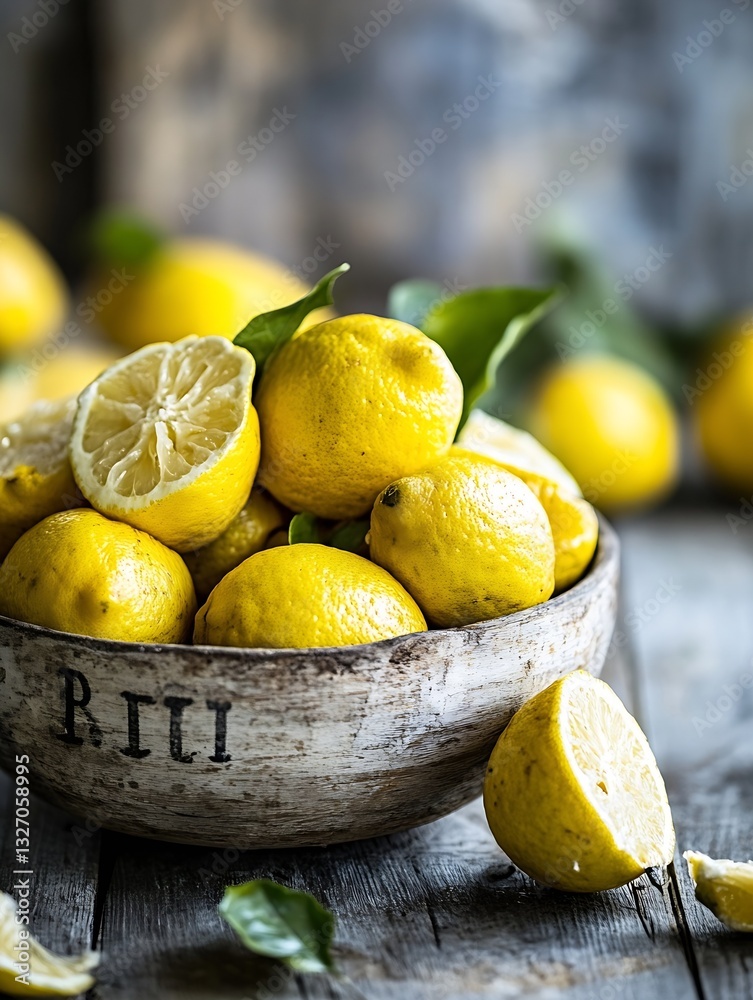 Poster freshly harvested yellow lemons in a rustic bowl set against a textured background : generative ai