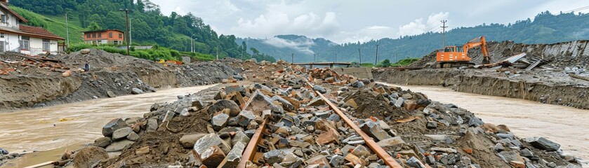 A train track is covered in rocks and debris
