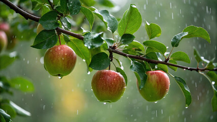 close up of branch with ripe apples and green leaves, glistening with raindrops in serene natural setting