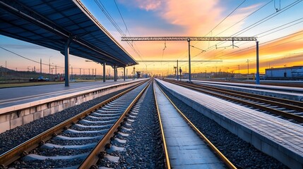 Naklejka premium Vivid sunset colors fill the sky above an empty train station with railway tracks : Generative AI