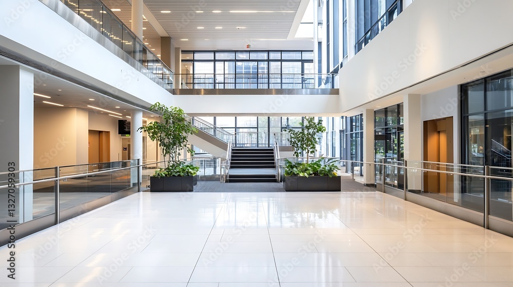 Poster bright and spacious corporate lobby with modern design featuring greenery and natural light : genera