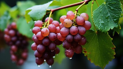 Fresh red grapes on vine after rain: vibrant summer harvest at vineyard