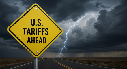 U.S. Tariffs Ahead Sign with Stormy Sky and Lightning Strike Warning of Economic Uncertainty