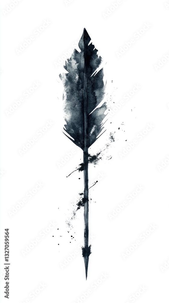 Poster a single feather sits on a clean white background, created using watercolor techniques